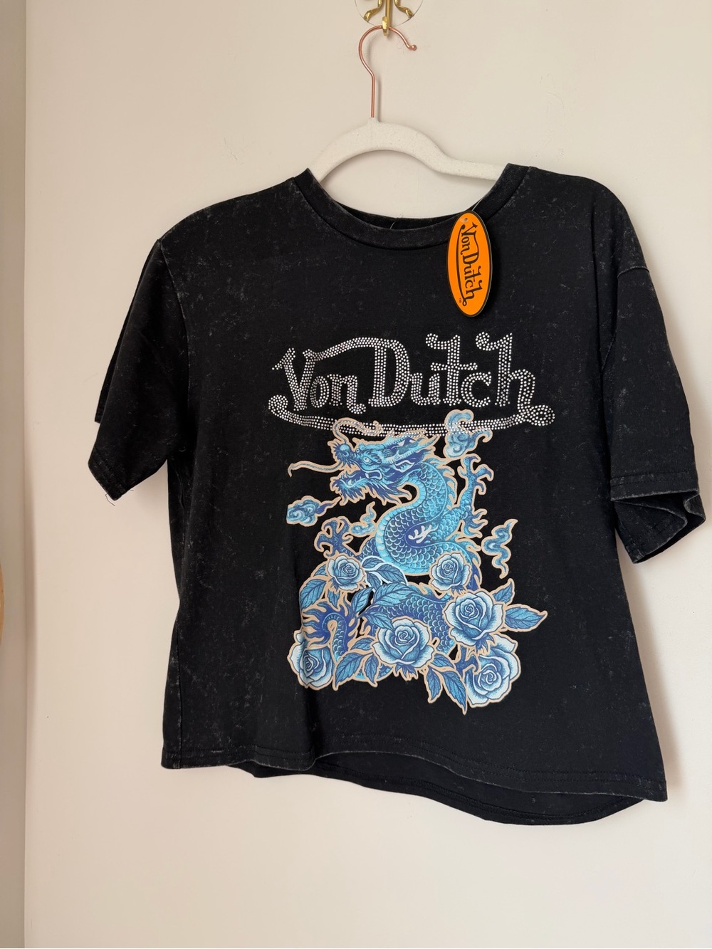 Von Dutch Black Tee with Blue Dragon and Rose Graphic